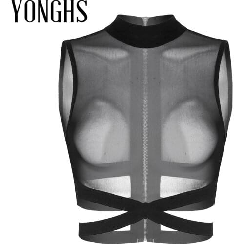 Women Pole Dance Rave Top Round Neck Sheer Mesh Music Festival Clothing Zipper Back Elastic Strappy Criss Cross Crop Top Shirts