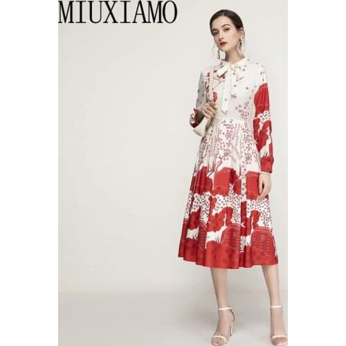 MIUXIMAO 2021 Spring Runway New WomenS Fashion Vintage Elegant Long Sleeve Flower Print Midi Dress Women Vestidos with Bow