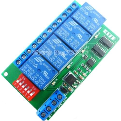 4 Channel DC 12V RS485 Relay Module Modbus RTU & AT Command Remote Control Switch for PLC PTZ Camera Security Monitoring