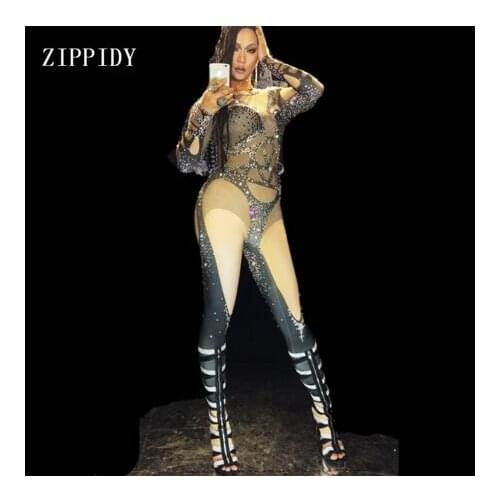 Shining Sexy Black Nude Jumpsuit Womens Rhinestones Leggings One Piece Bodysuit Costume Nightclub Party Stage Performance Wear