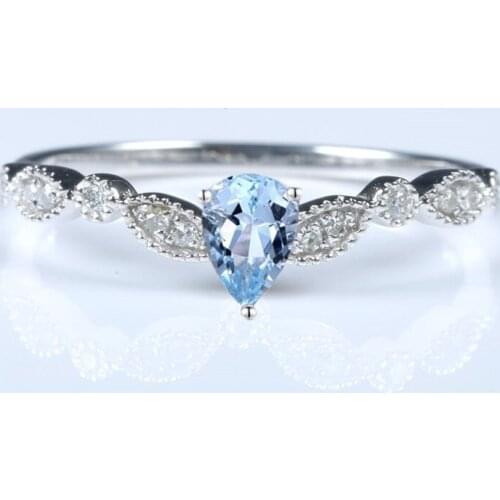 Solid 14k White Gold Vintage Antique Pear Blue Topaz Natural Diamonds Ring Engagement Wedding Anniversary Party Fine Jewelry