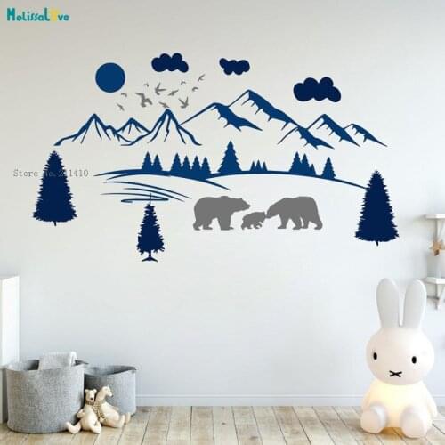 Bear Family Birds Nursery Wall Sticker Mountains Forest Landscape Animals Decor Woodland Kids Room Vinyl Decals YT2452