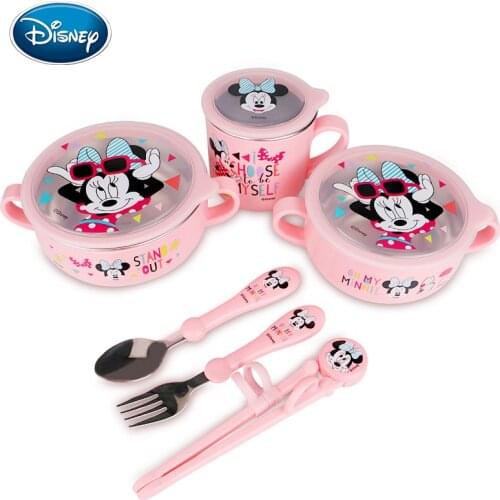 Disney baby 7pcs cutlery set stainless steel shatter-resistant food supplement bowl fork spoon children cute cartoon tableware