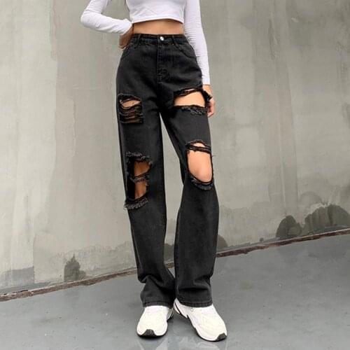 Womens Fashion Boyfriend Punk Jeans Black Hole Ripped Distressed Straight Oversize Jeans High Waist Straight Leg Pants