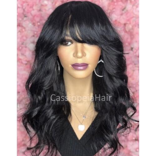 Remy Indian Bangs Human Hair Wavy Wig For Women 180% Full Density Silk Base Top Wig Full Machine Made None Lace Natural Wave Wig