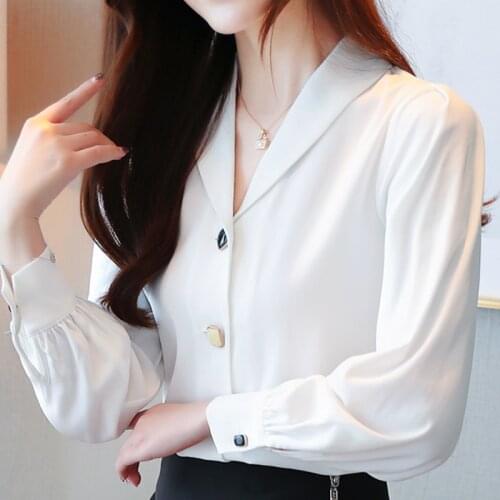 Fashion Woman Blouses 2021 V-neck Office Ladies Tops White Blouse Women Tops Long Sleeve Chiffon Blouse Women Shirts Blusas C210