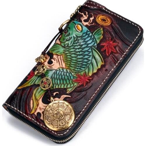 Handmade Genuine Leather Wallets Carving Fortune Carp Bag Purses Women Men Clutch Vegetable Tanned Leather Wallet Card Holder