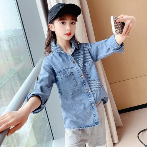 Girls Denim Jacket Leisure Spring Autumn 2021 New School Children Stripe Splicing Coat 12 14 Years Teenager Clothing