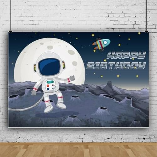 Laeacco Cartoon Astronaut Birthday Backdrop For Photography Spaceship Universe Space Station Customized Poster Photo Backgrounds