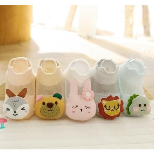 Newborn Baby Prewalker Cotton Floor Socks Cute 3D Cartoon Animal Rainbow Stripe Anti-Skid Sole Infant Cuffed Socks 0-12M