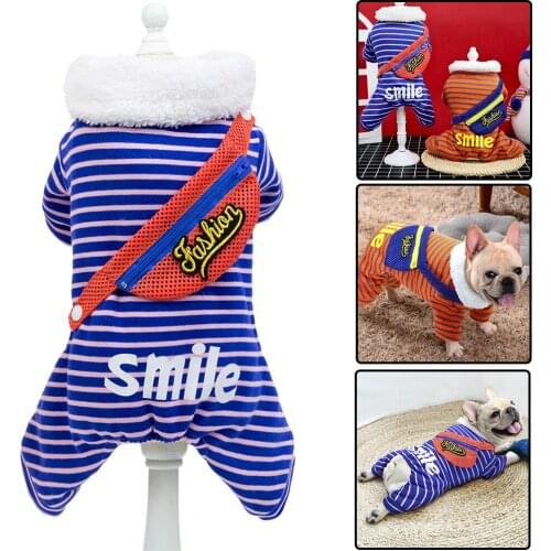 New Cat Pajamas Pet Clothes Yorkie French Bulldog Winter Warm Fleece Clothes for Dogs Printed Coats with Bag Jacket Jumpsuit D30