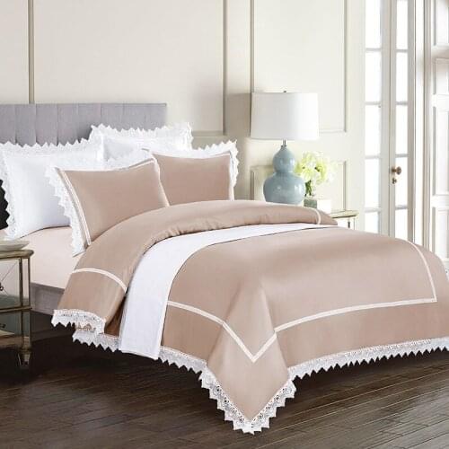 Solid Color Washed Silk+Cotton Lace Style Wedding Bedding Set Luxurious Duvet Cover Bed Set Flat Sheet Pillowcases Queen King#sw
