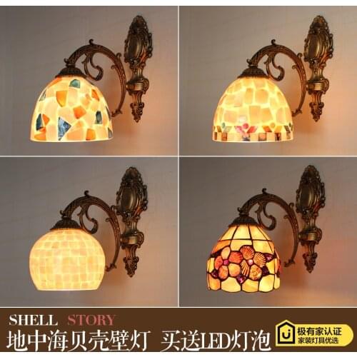 Mediterranean LED Tiffanylampe,Tiffany Mermaid Wall Lamp AC 110/220V E27 Shell Wall Lamps for Home Corridor Bedroom