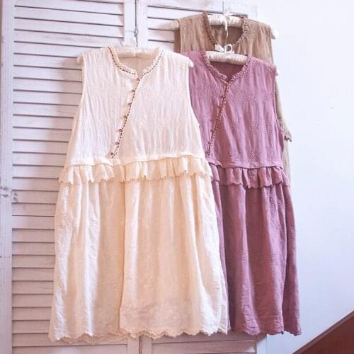 TIYIHAILEY Free Shipping 2021 New Cotton Lace Embroidery Summer Knee Length Sleeveless Japan Style Loose A-Line O-Neck Dresses