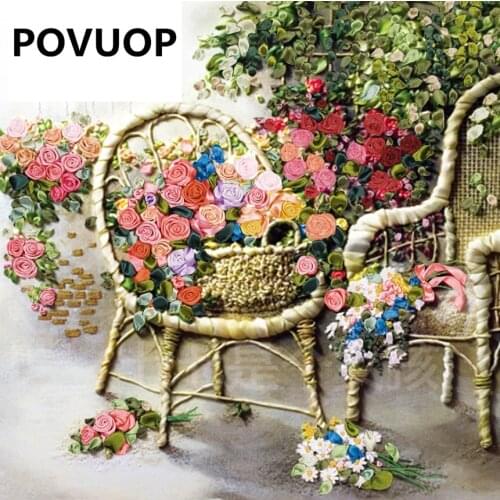 POVUOP Ribbon embroidery 70X55cm new arrival fashion paintings furniture romantic rose 3d cross-stitch