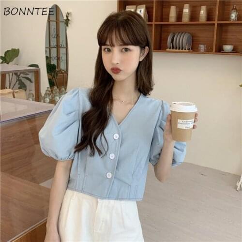 Shirts Women Single Breasted V-neck Sweet Preppy Style Chic Summer Vintage Cozy Button Students All-match Casual Stylish Crop
