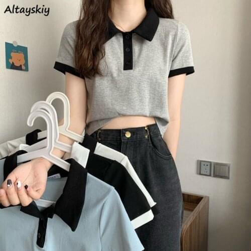 T-shirts Women Turn-down Collar Tops Tees Summer Fashion Patchwork Design Students Simple Ulzzang Chic Girls Lovely Female Ins