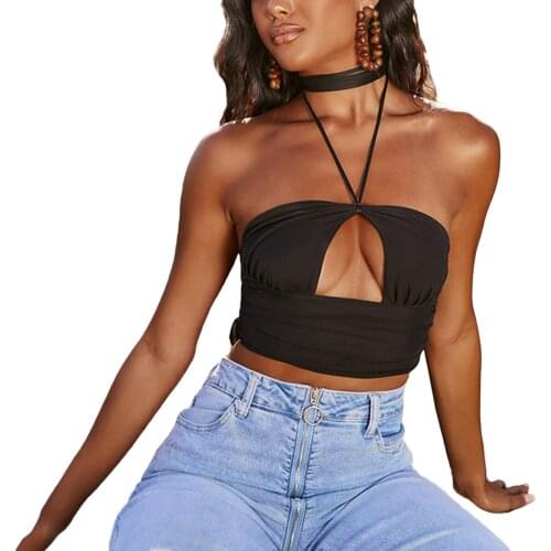 Women Sexy Backless Tanks Tops, Solid Color Halter Neck Sleeveless Hollow Out Crop Camis Tops, Black/ Green