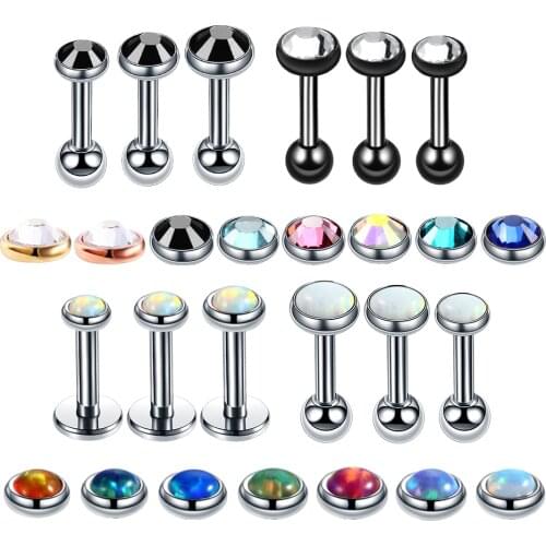 3pcs/lot Steel Opal Gem Labret Rings Stud Piercings CZ Cartilage Earrings for Women Tragus Conch Helix Ear Piercing Jewelry Stud