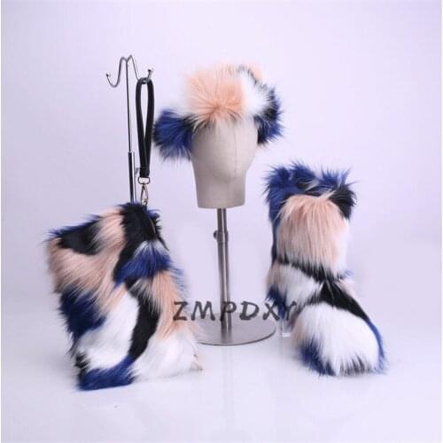 Ladies Winter Fluffy Fuzzy Slippers Womens Faux For Fur Shoes Bag Sets Ankle Boots Furry Headband Rain Snow Boots Botas Mujer