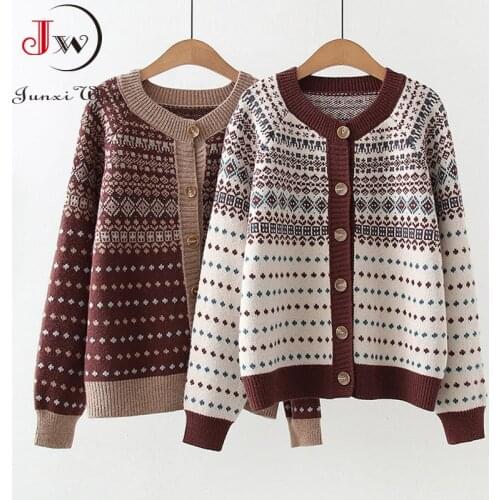 Women Vintage Knitted Cardigans Autumn Winter Elegant Retro Jacquard Loose Sweater Long Sleeve Casual OuterWear