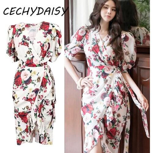 Runway Rose Flower Printed Dress Women Sexy V-Neck Puff Sleeve Elegant Korean Style With Sashes Vacation Party Midi Dresses Robe