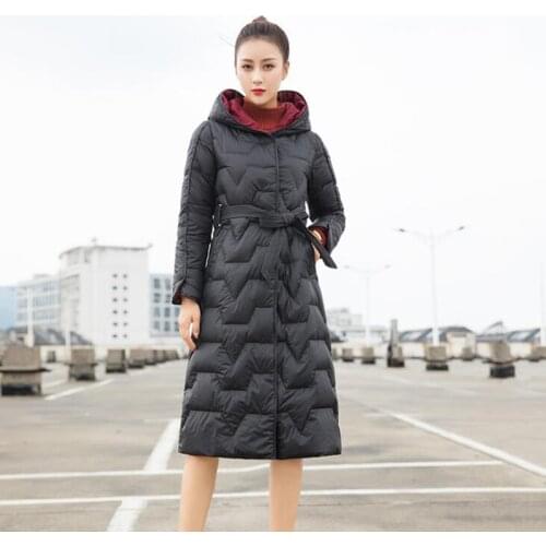 SEDUTMO Winter Fashion Long Womens Down Jacket With Belt Casual Hooded Coat Puffer Jacket Slim Parka ED1383
