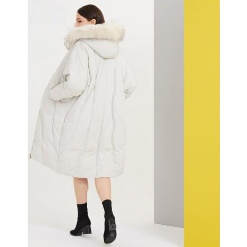 Winter Fashion Women Medium-long Duck Down Jacket Racoon Collar Bat Sleeve Coat Casual Outerwear