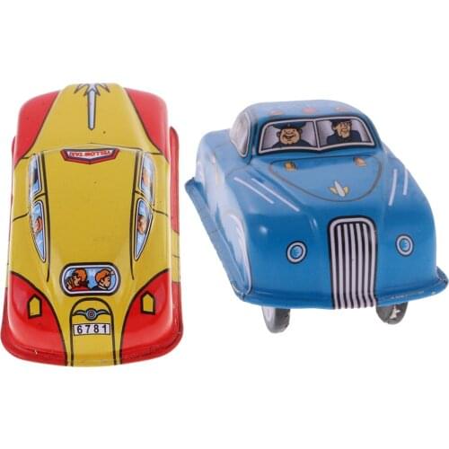 2 Pieces: Vintage Metalwork Taxi Car & Police Car Model Wind-up Running Clockwork Tin Toy Collectibles