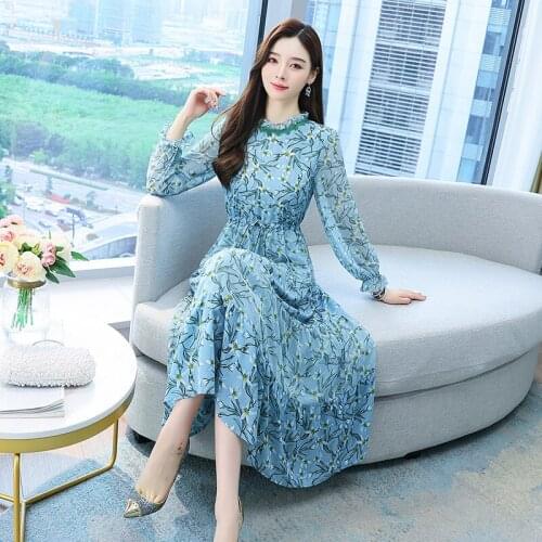 9358# Chiffon Floral Dress Temperament Long Sleeve Thin Skirt Women 's New Autumn Long Commute Style
