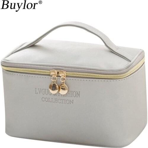 Buylor Women Cosmetic Bag 1 Pc Large PU Leather Waterproof Zipper Make Up Bag Travel Washing Makeup Storage Box