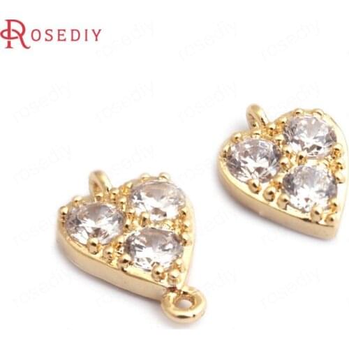 F524)4 pieces 24K Champagne Gold Color Plated Brass with Zircon Heart Shape Charms Diy Jewelry Findings Accessories Wholesale