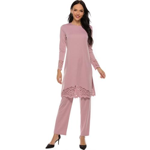 Two Piece Set Muslim Dress Women Caftan Marocain Hollow Tops and Pants Ramadan Abaya Dubai Hijab Dresses Traf Clothes Plus Size
