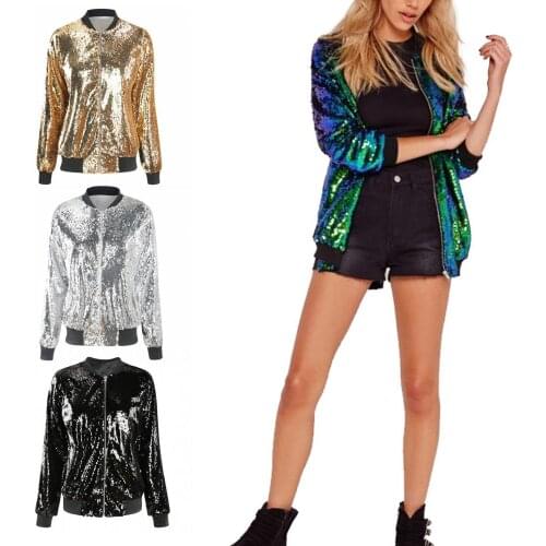 Women Autumn Long Sleeve Stand Collar Loose Shiny Sequins Zipper Coat Jacket
