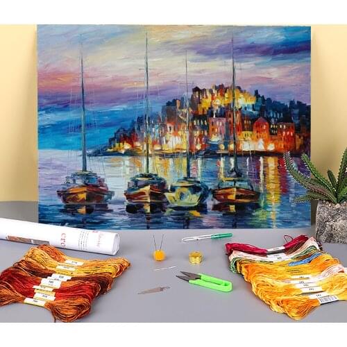 Evening Harbor Printed Canvas 11CT Cross-Stitch Complete Kit DIY Embroidery DMC Threads Hobby Craft Handicraft Different