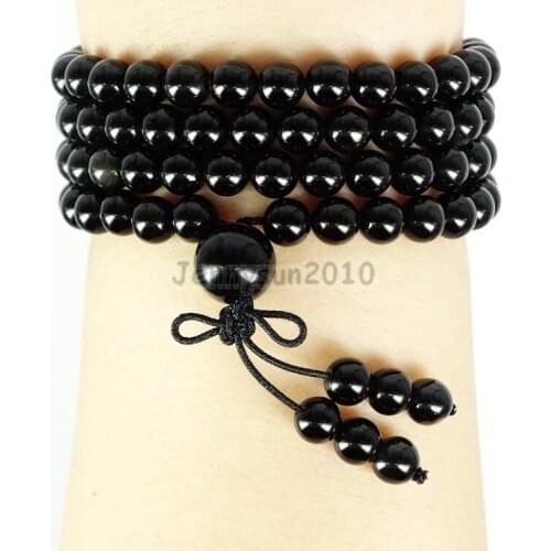 Natural Black Onyx 6mm Gems Stone Buddhist 108 Beads Prayer Mala Multi-Purpose Stretchy Bracelet Necklace 5Strands/Pack