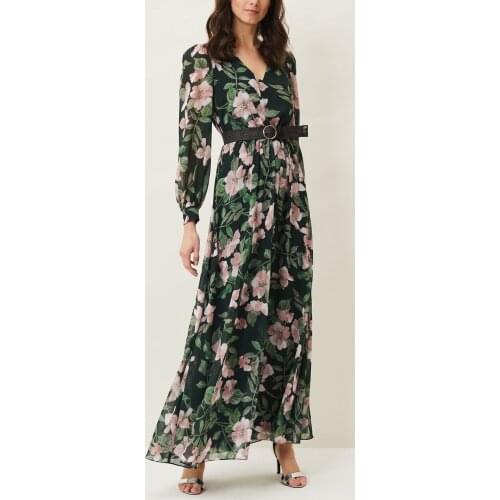 New Spring and Autumn Products with Belt Green Print Long Deep V-neck Long-sleeved Chiffon Dress
