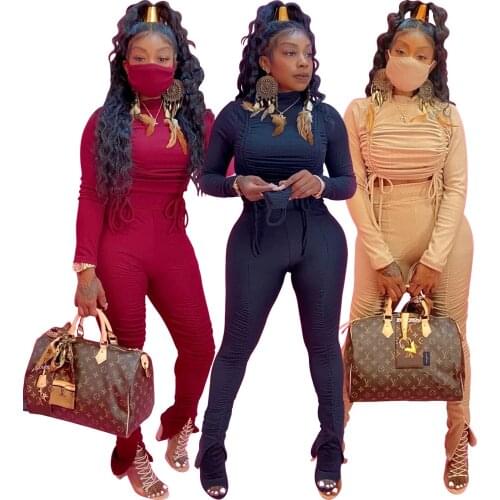 Lounge wear Drawstring Two Piece Set Elegant O Neck Long Sleeve Lace Up Crop Top + Slit Stacked Pants Bodycon Women Set Outfits