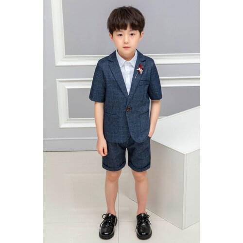 Formal childrens suits summer boys' short-sleeved suits sets blue 2pcs boys dresses party performance costume for wedding