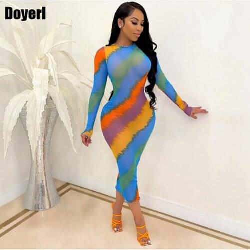 Fall Sexy Party Dresses Women Long Sleeve Print See Through Sheer Mesh Sheath Bodycon Dress Elegant Night Club Midi Dress 2021