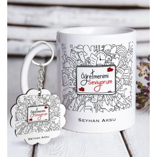 Personalized Öğretmenimi White I Love Mug and Keychain Gift Seti-1