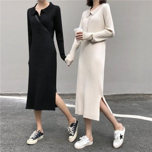 Autumn and winter dresses female fashion chic polo collar button midi knitted sweater straight dress long sleeves