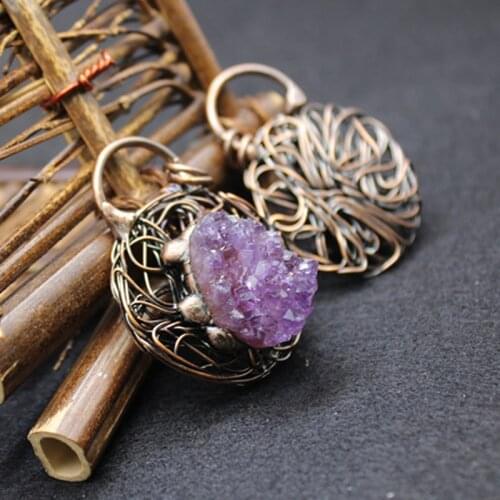 Natural Amethysts Cluster pendants Necklaces Hand-wound Birds Nest Shaped Jewelry Chakra Energy Healing Pendulum Amulet