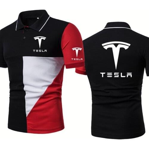 Summer Mens POLO shirt Tesla car Logo Printing Fashion Casual high quality cotton Splicing casual trend Mens tops polo shirt