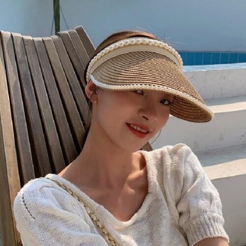 Empty Top Imitation Pearl Straw Hats For Women Color Elegant Wide Large Brim Beach Visor Cap Outdoor Sports Fishing Hat