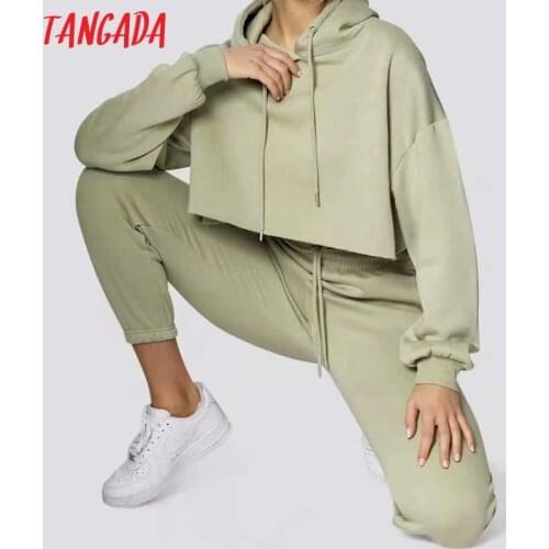 Tangada 2021 Spring Women Tracksuit Thick Fleece 95% Cotton Suit 2 Pieces Sets Crop Hoodies Sweatshirt and Pants Suits CH09