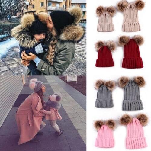 Baby Kids & Mom Knit Hat 2018 New Winter Warm Cute Large Fur Parent-Child Knit Hat Beanie Ski Cap