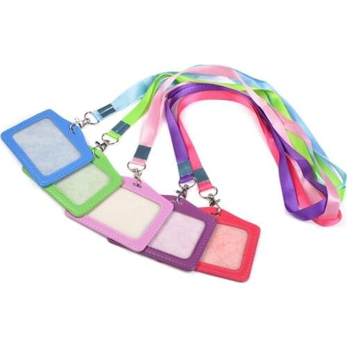 XRHYY Assorted colors Faux Leather Business Id Credit Card Badge Holder Clear Pouch Case with Long Neck Strap Band Lanyard