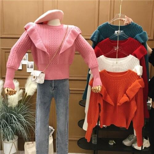 2020 Autumn new womens o-neck ruffles patchwork solid coloritted fashion sweater tops pullover jumpers