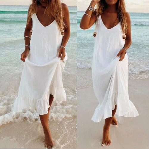 Women Boho Summer Dress Sleeveless Backless White Solid Sexy V-Neck Maxi Beach Camis Ruffle Dresses Loose Plus size Vestidos